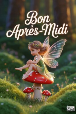 Fée assise sur un champignon rouge à pois blancs, dans un paysage verdoyant. Inscription «&nbsp;Bon Après-Midi&nbsp;» en lettres blanches. Fleurs et herbes.