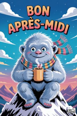 Yéti souriant, écharpe colorée, tasse fumante, assis sur une montagne enneigée. Ciel bleu, montagnes en arrière-plan. Texte «&nbsp;Bon Après-Midi&nbsp;».