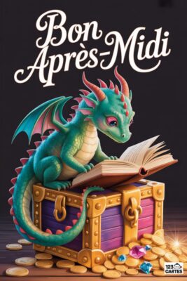 Un jeune dragon vert lit un livre ouvert sur un coffre au trésor. Pièces d'or, bijoux, et inscription «&nbsp;Bon Après-Midi&nbsp;» sur fond noir.