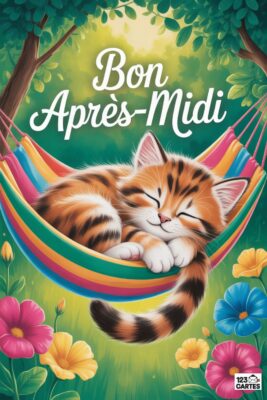 Chat tigré dormant paisiblement dans un hamac coloré, sous un message «&nbsp;Bon Après-Midi&nbsp;». Fleurs roses, jaunes et bleues en bas, fond vert.