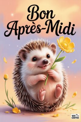 Un hérisson souriant tient une fleur jaune, texte «&nbsp;Bon Après-Midi&nbsp;». Fond pastel rose, jaune et violet. Petites fleurs et pétales éparpillés.