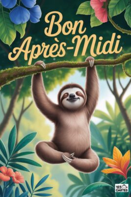 Paresseux souriant suspendu à une branche, entouré de végétation luxuriante. Texte «&nbsp;Bon Après-Midi&nbsp;» en lettres dorées. Couleurs vives, tons verts, bleus et orangés.