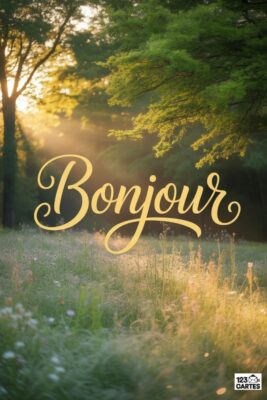 Champ verdoyant baigné de soleil, avec le mot «Bonjour» en lettres dorées. Arbres et feuillage vert en arrière-plan, lumière dorée traversant la scène.