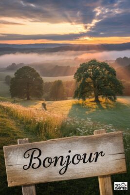 Paysage de campagne au lever du soleil avec brume, arbres et panneau «Bonjour». Ciel orangé et nuages. Champs verts et dorés.