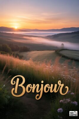 Paysage de campagne au lever du soleil avec champs, brume et montagnes. Le mot «Bonjour» doré est écrit en cursive. Ciel orangé et herbes dorées au premier plan.