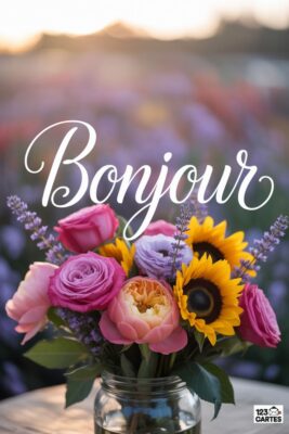 Bouquet de fleurs colorées (roses, tournesols) dans un bocal en verre, avec le mot «Bonjour» en blanc. Arrière-plan flou de champ fleuri.