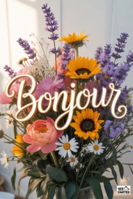 Bouquet floral avec tournesols, lavande, pivoines roses et marguerites. Le mot «Bonjour» en lettres dorées. Fond clair.