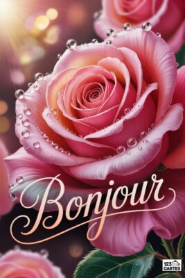 Rose rose avec gouttes d’eau, texte «Bonjour». Fleurs roses et jaunes, avec des reflets de lumière. Carte de vœux florale, romantique, pour souhaiter une bonne journée.