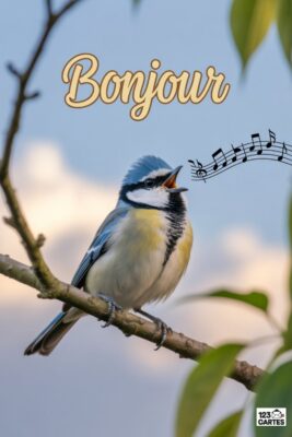 Mésange bleue chantant sur une branche, texte «Bonjour» doré. Notes de musique. Fond ciel bleu et nuages. Feuilles vertes. Carte postale.