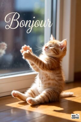 Chaton roux assis devant une fenêtre, les pattes levées. Le mot «Bonjour» en blanc orne le haut. Lumière solaire sur parquet.  Chaton mignon.