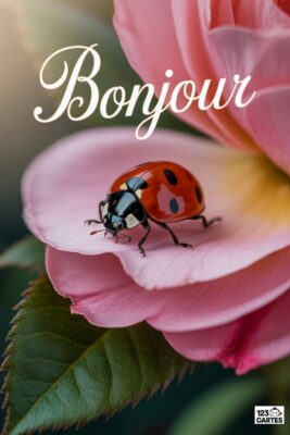 Coccinelle rouge à pois noirs sur pétale de rose rose tendre. Inscription «Bonjour» en blanc. Fond flou avec feuilles vertes et lumière dorée.