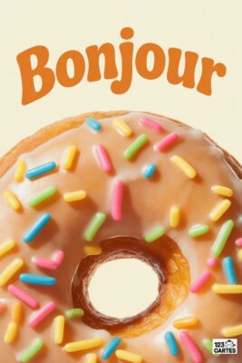 Donut glacé avec des vermicelles colorés, inscription «Bonjour» orange. Fond beige clair. Détail d’un beignet gourmand, sucré et festif.