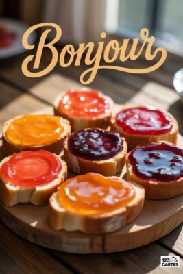 Tartines de pain beurrées garnies de confitures variées (orange, rouge, violet) sur une planche en bois. Le mot «Bonjour» en lettres dorées surplombe.