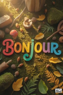 «Bonjour» écrit en couleurs sur un fond de mousse verte, feuilles d’automne, champignons, glands et éléments en bois. Carte postale nature.