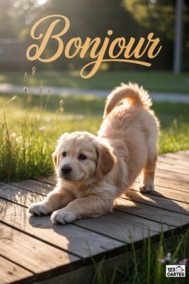 Chiot Golden Retriever s’étirant sur un ponton en bois. Le mot «Bonjour» en lettres dorées. Arrière-plan verdoyant et ensoleillé.