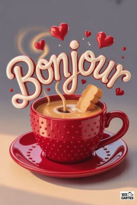 Tasse rouge de café fumant avec mot «Bonjour» en relief. Coeur rouges flottants. Biscuit dans le café. Fond gris clair.