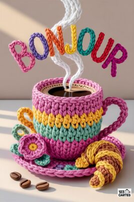Tasse de café crochetée avec inscription «Bonjour». Couleurs vives : rose, jaune, vert, bleu. Croissant, soucoupe fleurie et grains de café. Vapeur blanche.