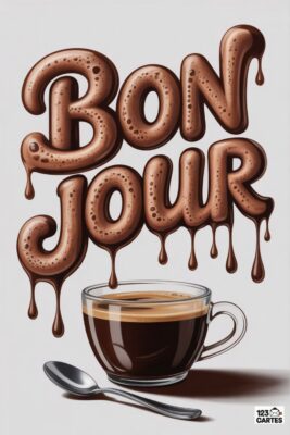 «Bonjour» en chocolat dégoulinant, sur fond clair. Tasse de café fumant, cuillère argentée.  Carte de voeux matinale, café et chocolat.