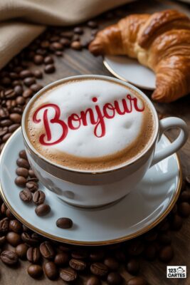 Tasse de café avec «Bonjour» en mousse rouge, grains de café, croissant sur soucoupe. Fond bois. Petit-déjeuner gourmand.