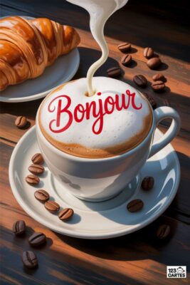 Tasse de café «Bonjour» avec mousse, croissant, grains de café sur table en bois. Crème versée dans le café, lettrage rouge. Petit-déjeuner.