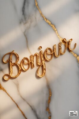 «Bonjour» en lettres dorées sur fond marbré blanc et or. Le texte est en relief, avec des reflets lumineux. Style élégant et raffiné.