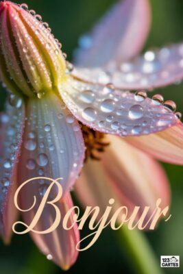 Fleur rose et jaune, couverte de gouttes d’eau, avec le mot «Bonjour» en lettres cursives beiges. Fond vert flou. Carte de vœux.