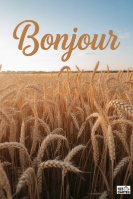 Champ de blé doré sous un ciel bleu clair avec le mot «Bonjour» en lettres cursives beiges. Paysage rural ensoleillé, carte postale.