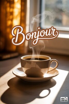 Tasse de café fumant sur soucoupe, lumière dorée. Le mot «Bonjour» en lettres stylisées au-dessus. Table en bois, fenêtre en arrière-plan.