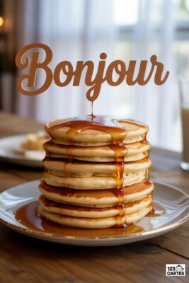 Pile de pancakes dorés nappés de sirop d’érable, «Bonjour» en lettres marron. Sur une table en bois, assiette et verre en arrière-plan. Petit déjeuner gourmand.