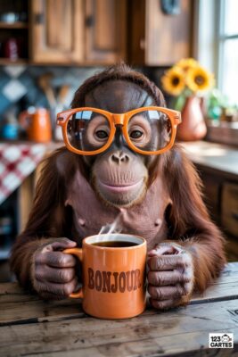Singe orang-outan portant des lunettes orange, tenant une tasse «Bonjour» fumante, devant une cuisine en bois, avec des tournesols.