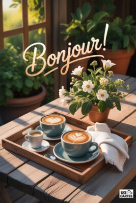 Bonjour écrit en or sur une table bois avec cafés latte, fleurs blanches, plantes pot, et serviette blanche. scène ensoleillée, tons chauds.