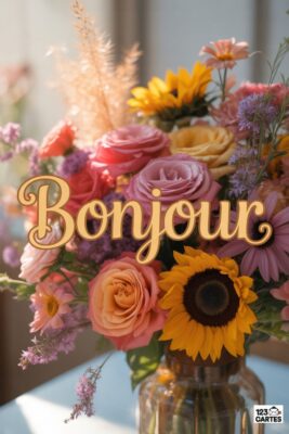 Bouquet de fleurs roses, jaunes et violettes avec tournesols. Le mot «Bonjour» doré est inscrit. Fleurs dans un vase en verre. Fond flou et clair.