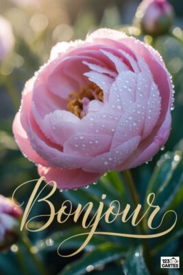 Pivoine rose avec gouttes d’eau, texte «Bonjour» doré. Fleurs et feuillage flou en arrière-plan. Carte de vœux florale, nature et fraîcheur.
