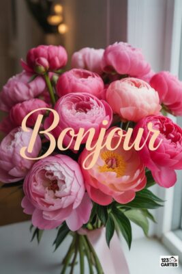 Bouquet de pivoines roses et rouges avec le mot «Bonjour» en lettres cursives beiges. Fleurs fraîches, feuillage vert, fond clair, carte de vœux.