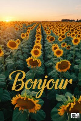 Champ de tournesols au coucher du soleil. Fleurs jaunes et brunes, feuilles vertes. Le mot «Bonjour» en lettres dorées. Paysage rural.