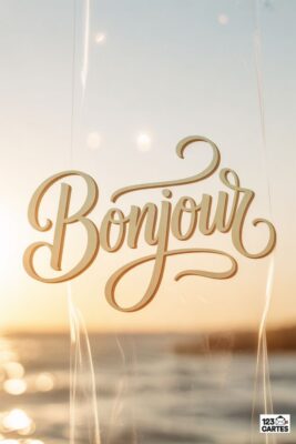 «Bonjour» écrit en lettres dorées sur fond de coucher de soleil sur la mer. Le texte est superposé à une surface transparente. Ciel orangé et reflets dorés.