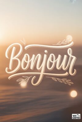 «Bonjour» calligraphié en blanc sur fond flou de coucher de soleil orangé et gris. Décor floral discret. Logo 123 Cartes en bas à droite.