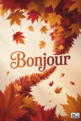 Bonjour écrit en lettres marron clair, entouré de feuilles d’érable rouges, oranges et jaunes tombant sur fond beige clair. thème automnal, carte vœux.