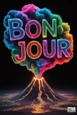 Volcan en éruption avec nuage multicolore «Bonjour». Éruption de couleurs vives : rose, bleu, vert, orange. Texte scintillant sur fond noir, style cartoon.