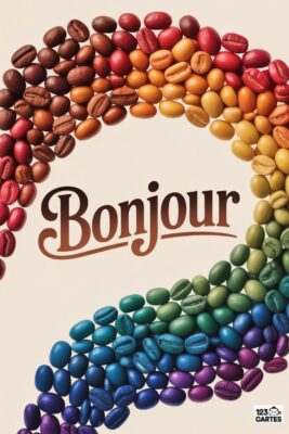 Bonjour écrit en marron sur fond clair, entouré de grains café colorés arc-en-ciel : du foncé au rouge, passant par l’orange, le jaune, vert et bleu.