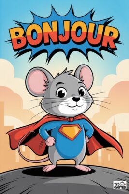 Souris super-héros avec cape rouge et costume bleu. Le mot «Bonjour» en orange sur fond bleu. Arrière-plan de ville et ciel nuageux.