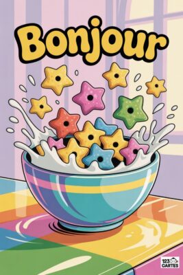 Bol de céréales en forme d’étoiles multicolores dans du lait, avec l’inscription «Bonjour» en jaune. Fond arc-en-ciel, style dessin animé.