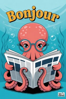 Octopus rose avec lunettes lisant un journal, mot «Bonjour» en jaune. Fond bleu avec bulles et algues. Style dessin animé.