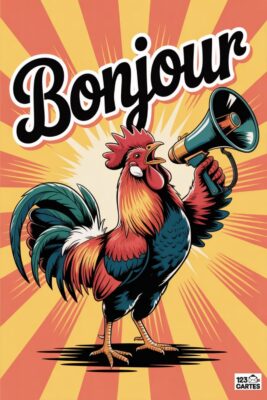 Coq criant «Bonjour» dans un mégaphone. Fond jaune orangé à rayons. Coq rouge, bleu et jaune. Style rétro, affiche humoristique.