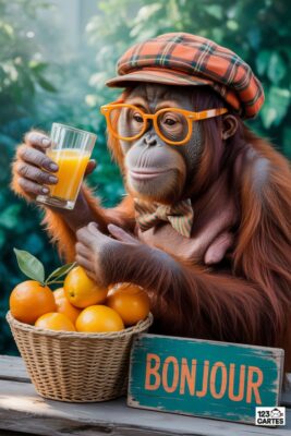 Orang-outan souriant avec chapeau, lunettes et noeud papillon, tenant un verre de jus d’orange. Panier d’oranges, panneau «Bonjour». Fond vert flou.