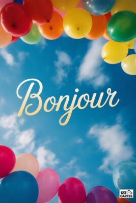 Ciel bleu nuageux avec ballons colorés (rouge, jaune, vert, orange, rose, bleu, violet) encadrant le texte «Bonjour» doré. Carte de voeux festive.
