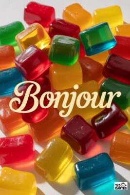 Tas de bonbons translucides multicolores (rouge, vert, jaune, orange, bleu) avec le mot «Bonjour» en cursive beige. Fond blanc.