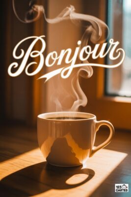 Tasse de café fumant sur une table en bois, lumière du soleil. Le mot «Bonjour» en cursive blanche. Fond flou avec fenêtre et nuances chaudes.