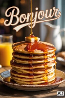 Pile de pancakes dorés nappés de sirop d’érable, beurre, et mot «Bonjour». Jus d’orange, pichet blanc et fond flou. Petit-déjeuner gourmand.