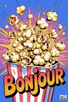 Pop-corns explosant d’un seau rayé rouge et blanc, avec le mot «Bonjour» en jaune et orange. Fond bleu et éclats jaunes et roses.